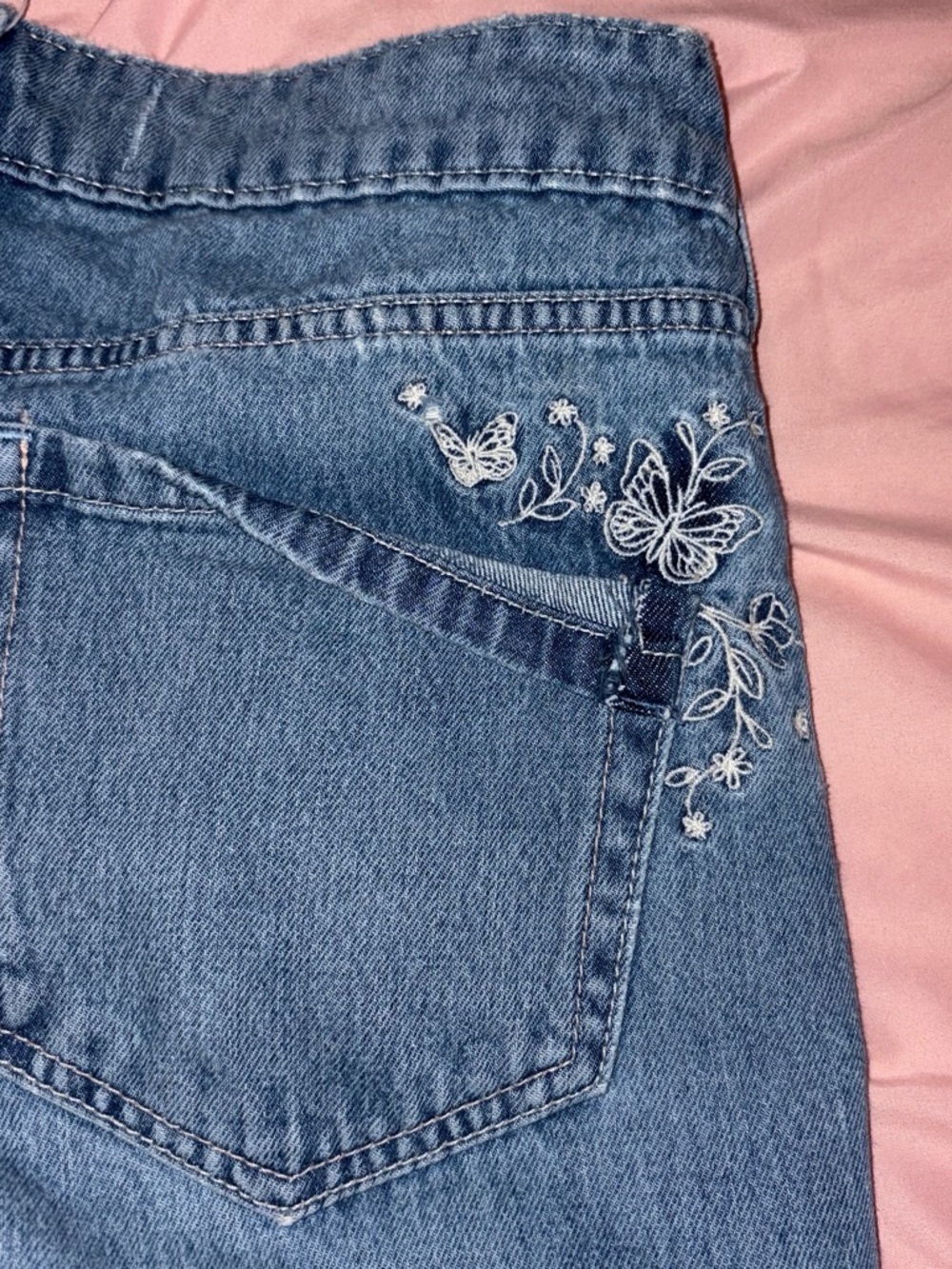 Hollister Blue Denim Jeans with White Butterfly Embroidery